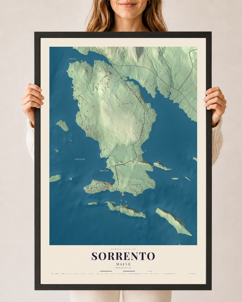 Sorrento, Maine map print - 24 x 36 black Ayous wood frame