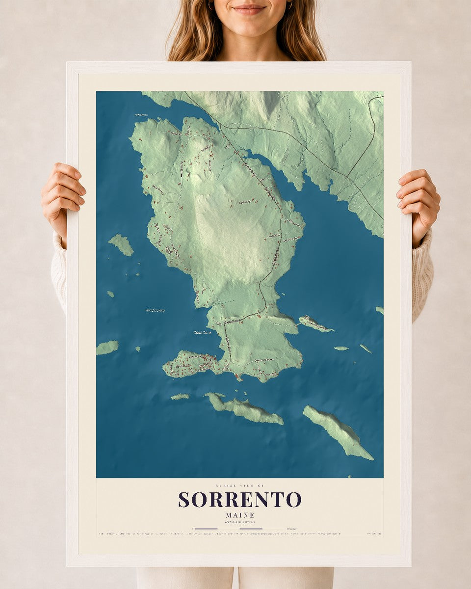 Sorrento, Maine map print - 24 x 36 white Ayous wood frame