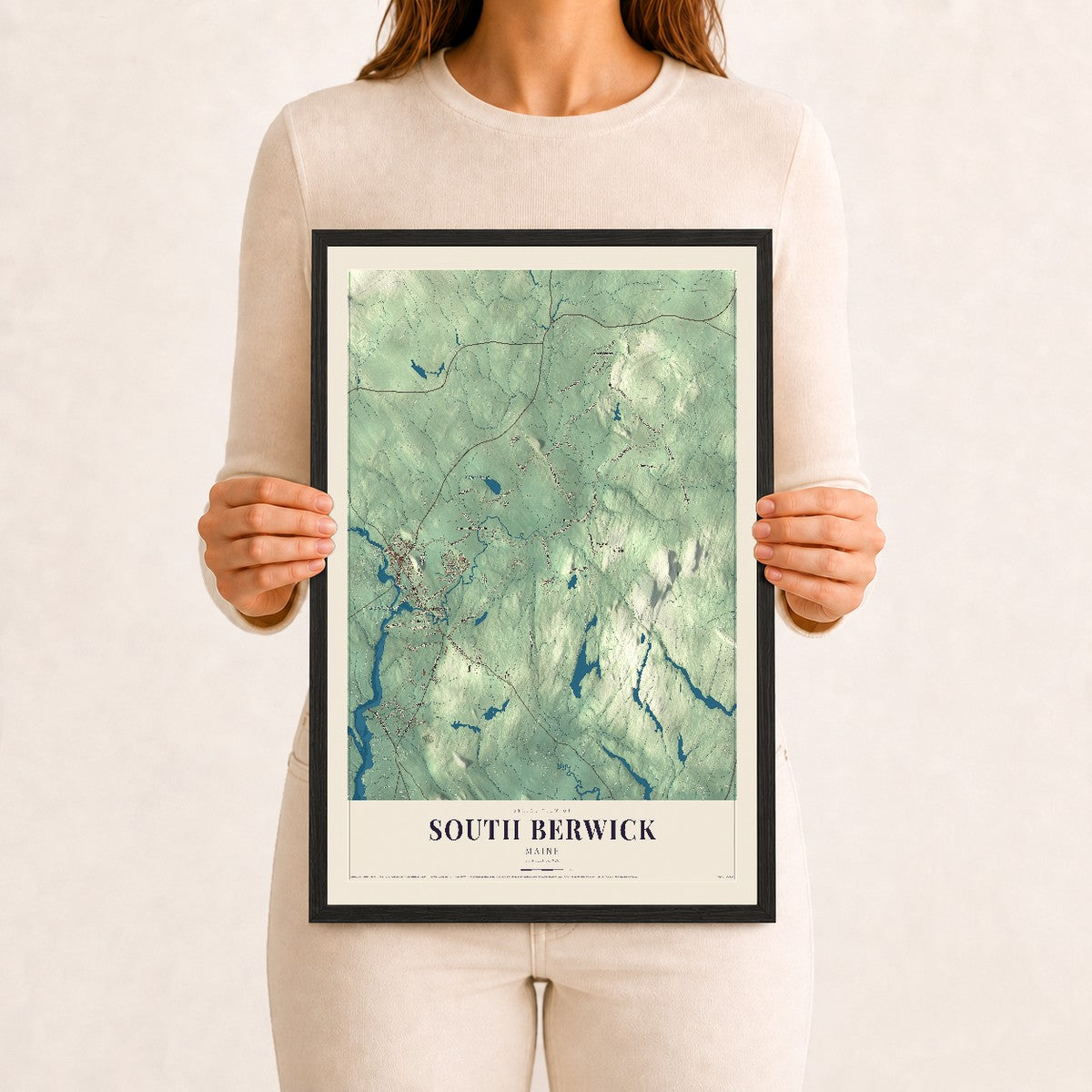 South Berwick, Maine map print - 12 x 18 black Ayous wood frame