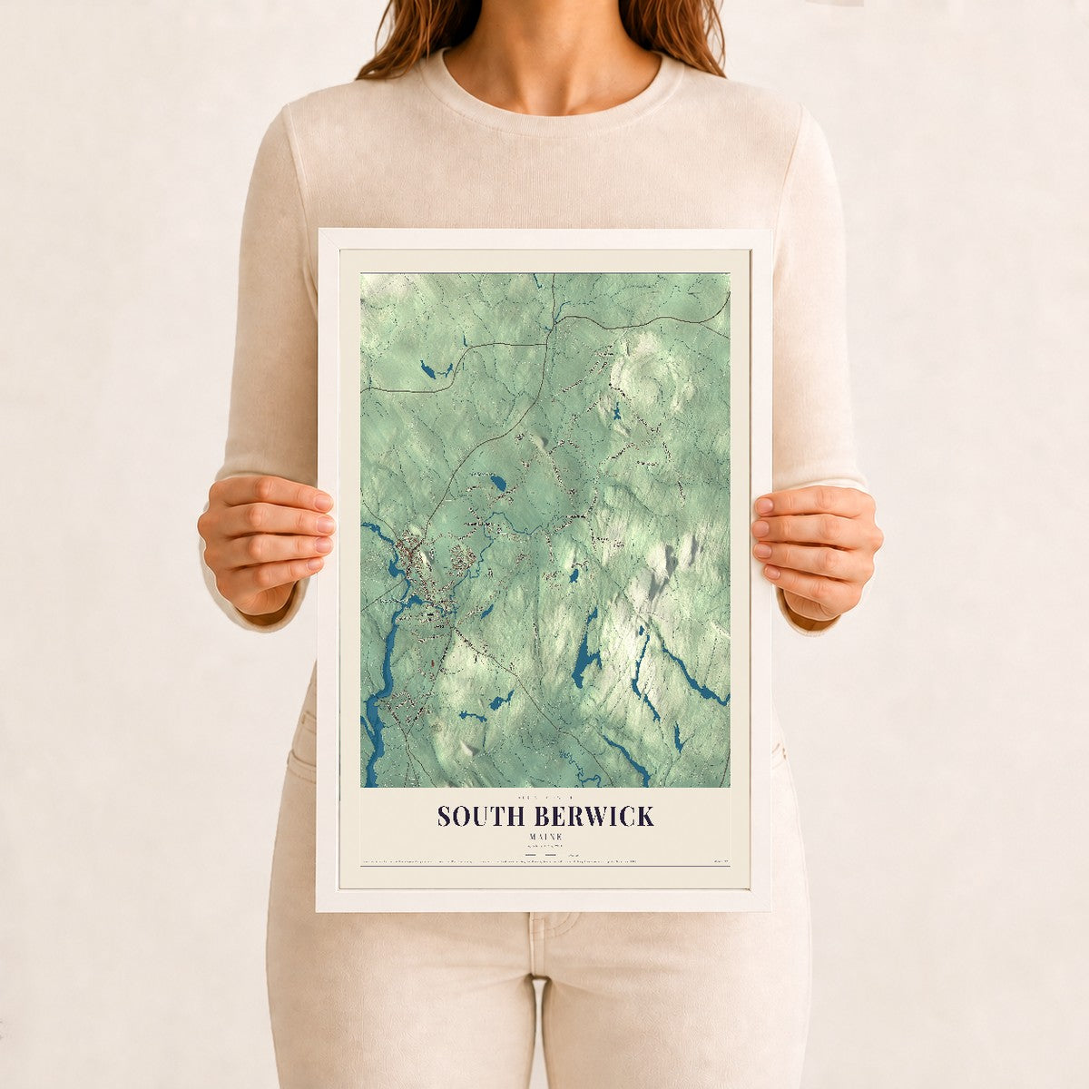South Berwick, Maine map print - 12 x 18 white Ayous wood frame
