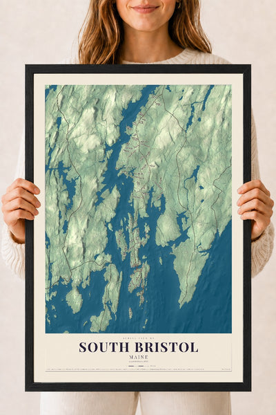 South Bristol, Maine map print - 18 x 24 black Ayous wood frame