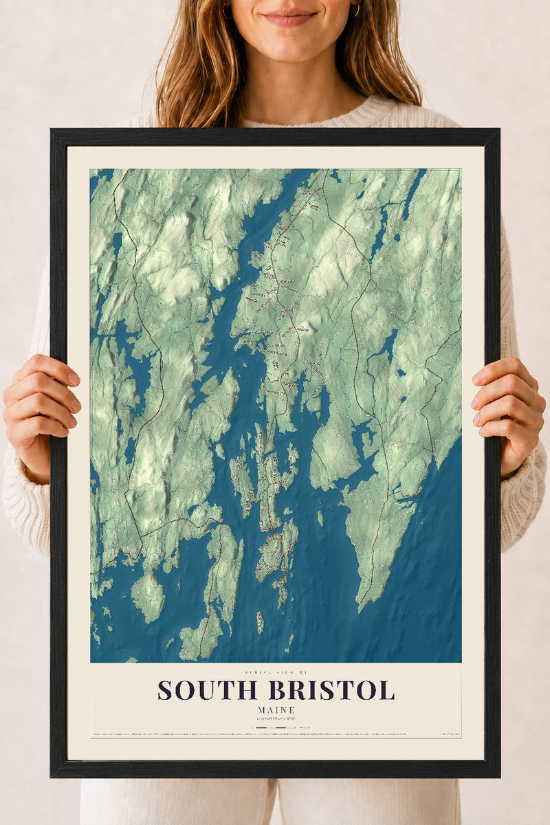 South Bristol, Maine map print - 18 x 24 black Ayous wood frame