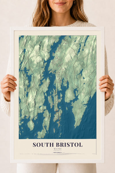 South Bristol, Maine map print - 18 x 24 white Ayous wood frame