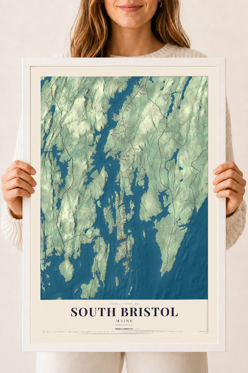 South Bristol, Maine map print - 18 x 24 white Ayous wood frame