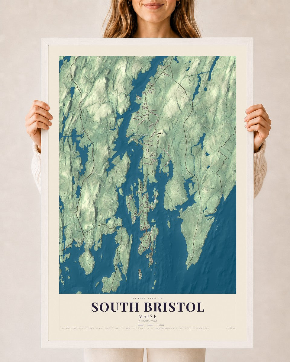 South Bristol, Maine map print - 24 x 36 white Ayous wood frame