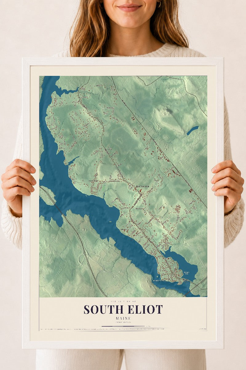 South Eliot, Maine map print - 18 x 24 white Ayous wood frame