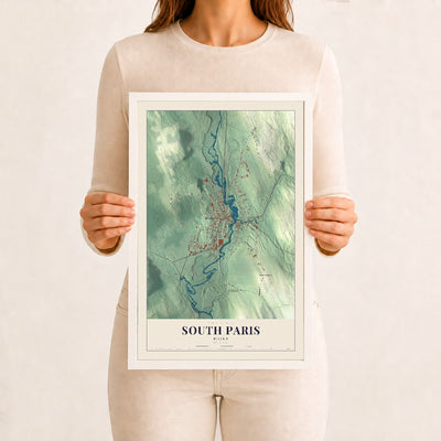 South Paris, Maine map print - 12 x 18 white Ayous wood frame