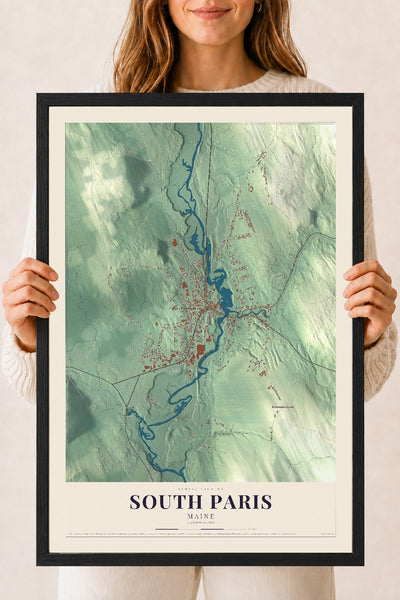 South Paris, Maine map print - 18 x 24 black Ayous wood frame