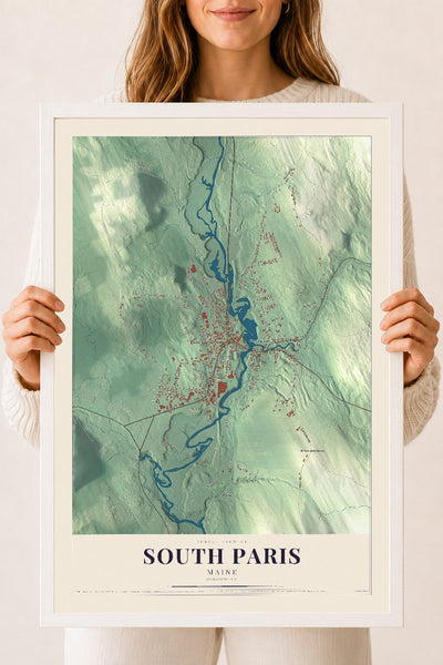South Paris, Maine map print - 18 x 24 white Ayous wood frame