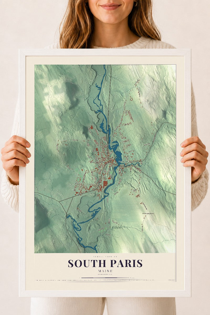 South Paris, Maine map print - 18 x 24 white Ayous wood frame