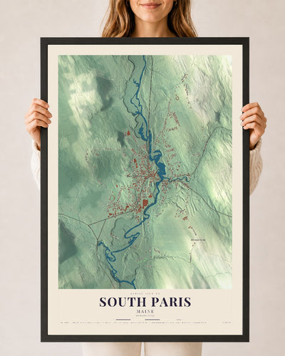 South Paris, Maine map print - 24 x 36 black Ayous wood frame