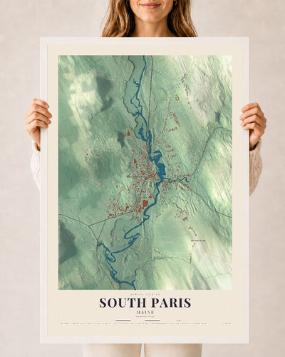 South Paris, Maine map print - 24 x 36 white Ayous wood frame