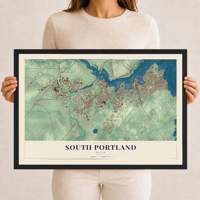 South Portland, Maine map print - 12 x 18 black Ayous wood frame