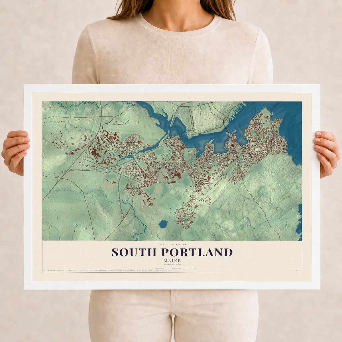 South Portland, Maine map print - 12 x 18 white Ayous wood frame