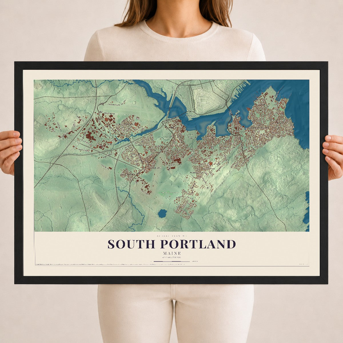 South Portland, Maine map print - 18 x 24 black Ayous wood frame