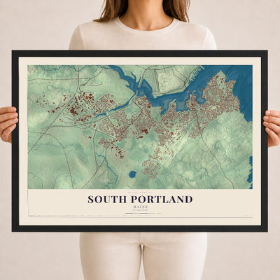 South Portland, Maine map print - 18 x 24 black Ayous wood frame