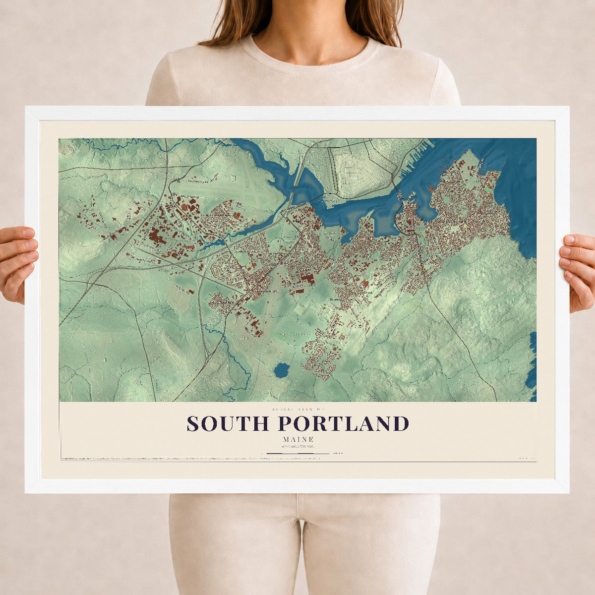 South Portland, Maine map print - 18 x 24 white Ayous wood frame