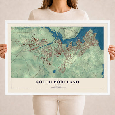 South Portland, Maine map print - 18 x 24 white Ayous wood frame
