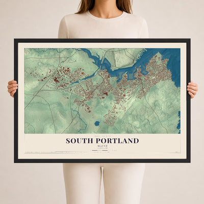 South Portland, Maine map print - 24 x 36 black Ayous wood frame
