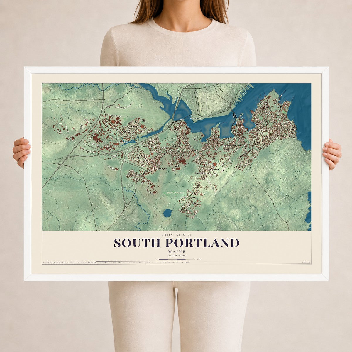 South Portland, Maine map print - 24 x 36 white Ayous wood frame