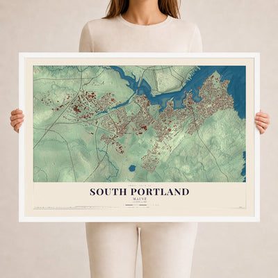 South Portland, Maine map print - 24 x 36 white Ayous wood frame
