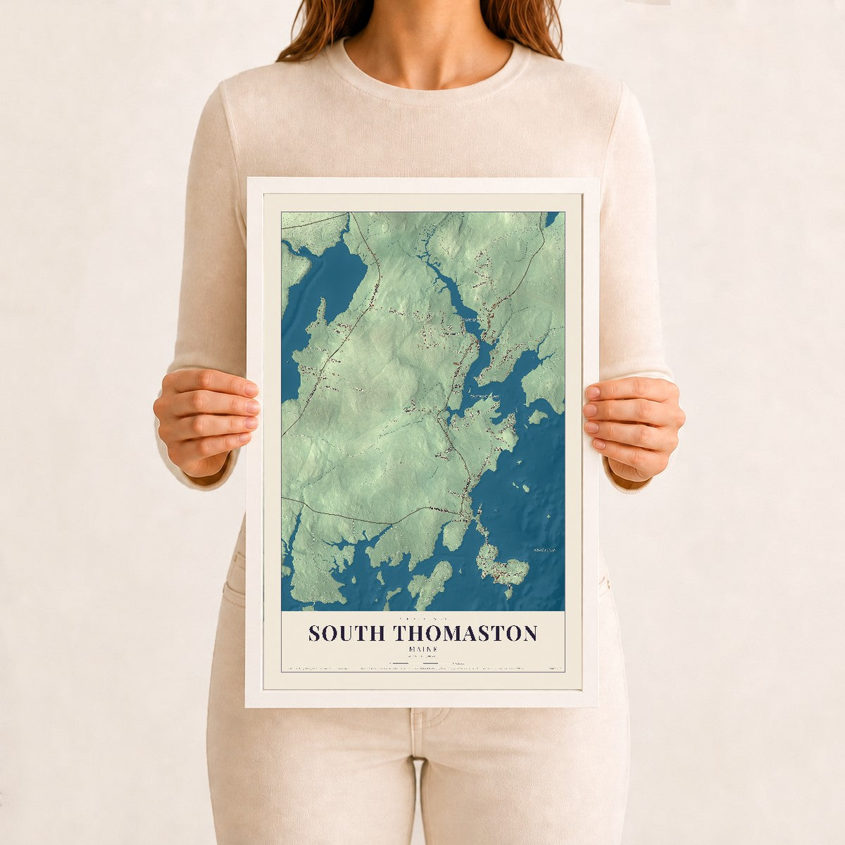 South Thomaston, Maine map print - 12 x 18 white Ayous wood frame