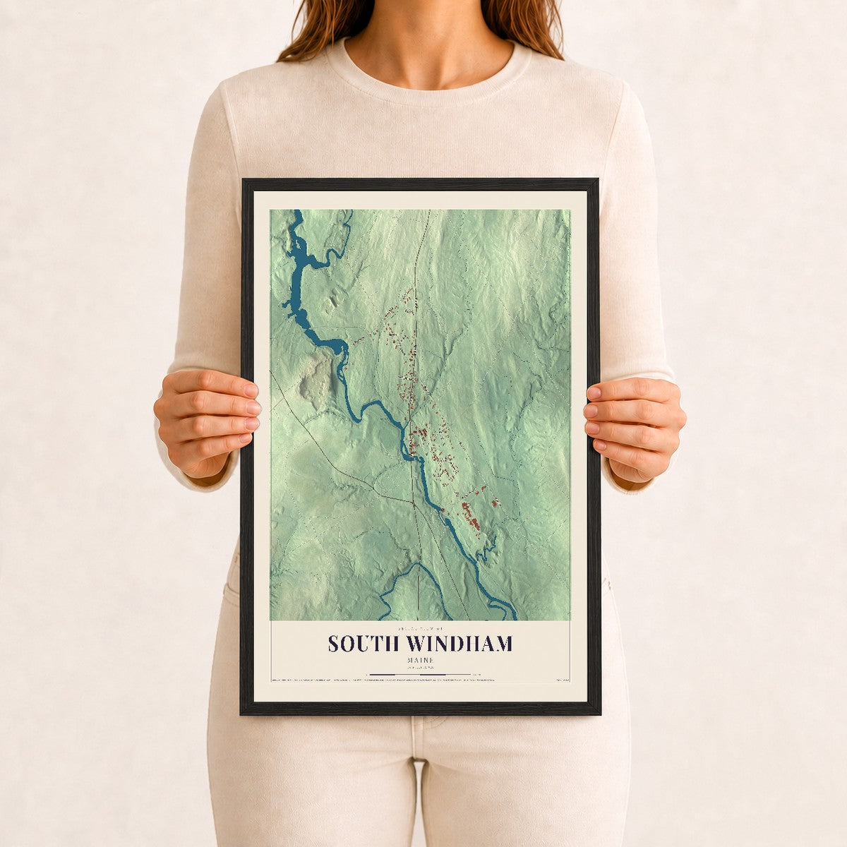 South Windham, Maine map print - 12 x 18 black Ayous wood frame