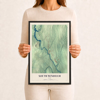 South Windham, Maine map print - 12 x 18 black Ayous wood frame