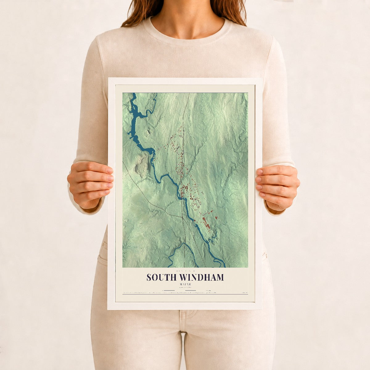 South Windham, Maine map print - 12 x 18 white Ayous wood frame
