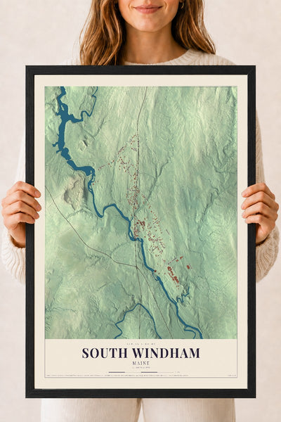 South Windham, Maine map print - 18 x 24 black Ayous wood frame