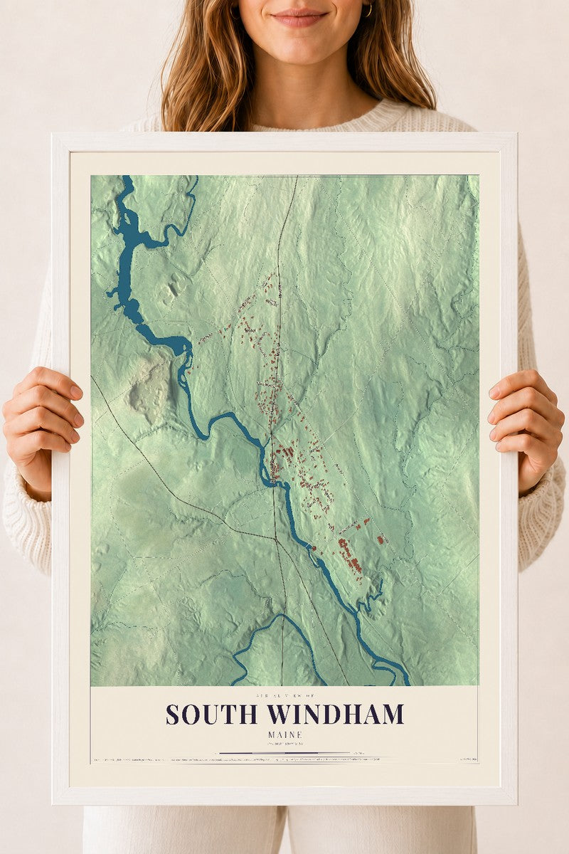 South Windham, Maine map print - 18 x 24 white Ayous wood frame