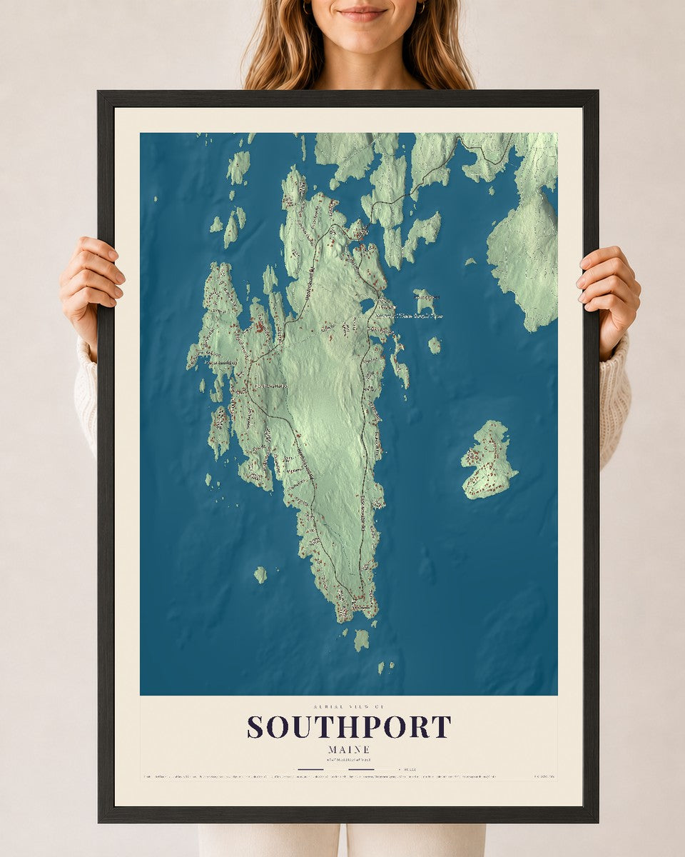 Southport, Maine map print - 24 x 36 black Ayous wood frame