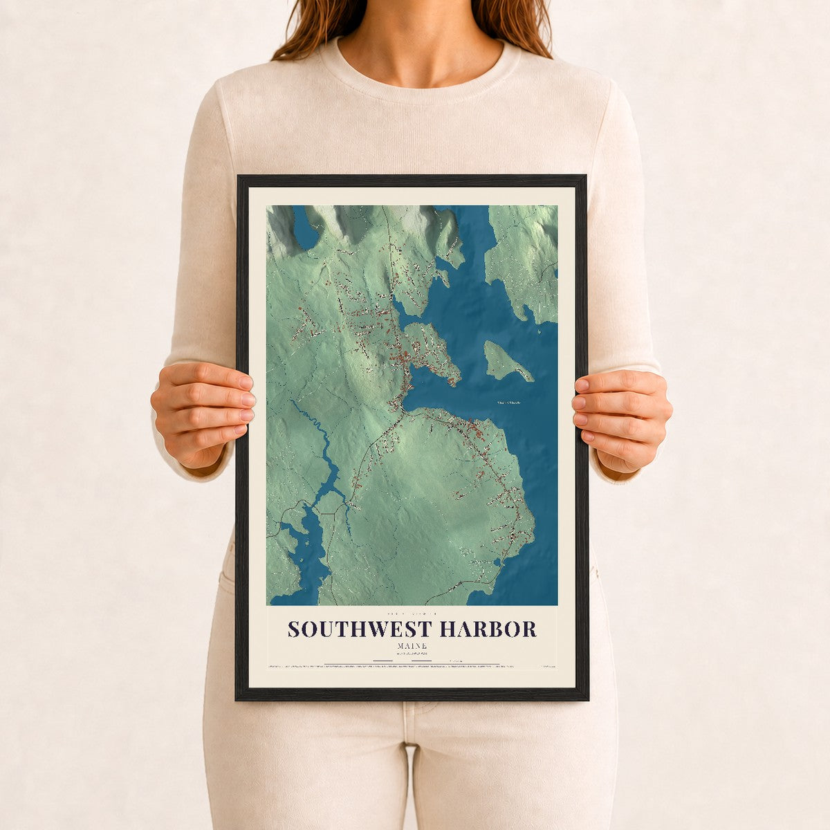 Southwest Harbor, Maine map print - 12 x 18 black Ayous wood frame
