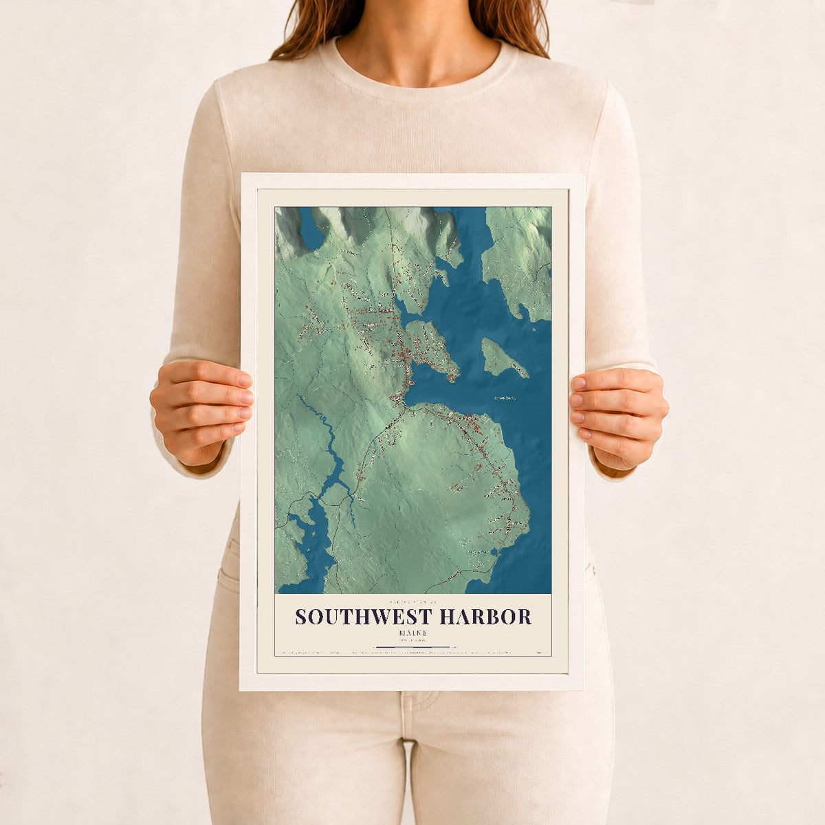 Southwest Harbor, Maine map print - 12 x 18 white Ayous wood frame