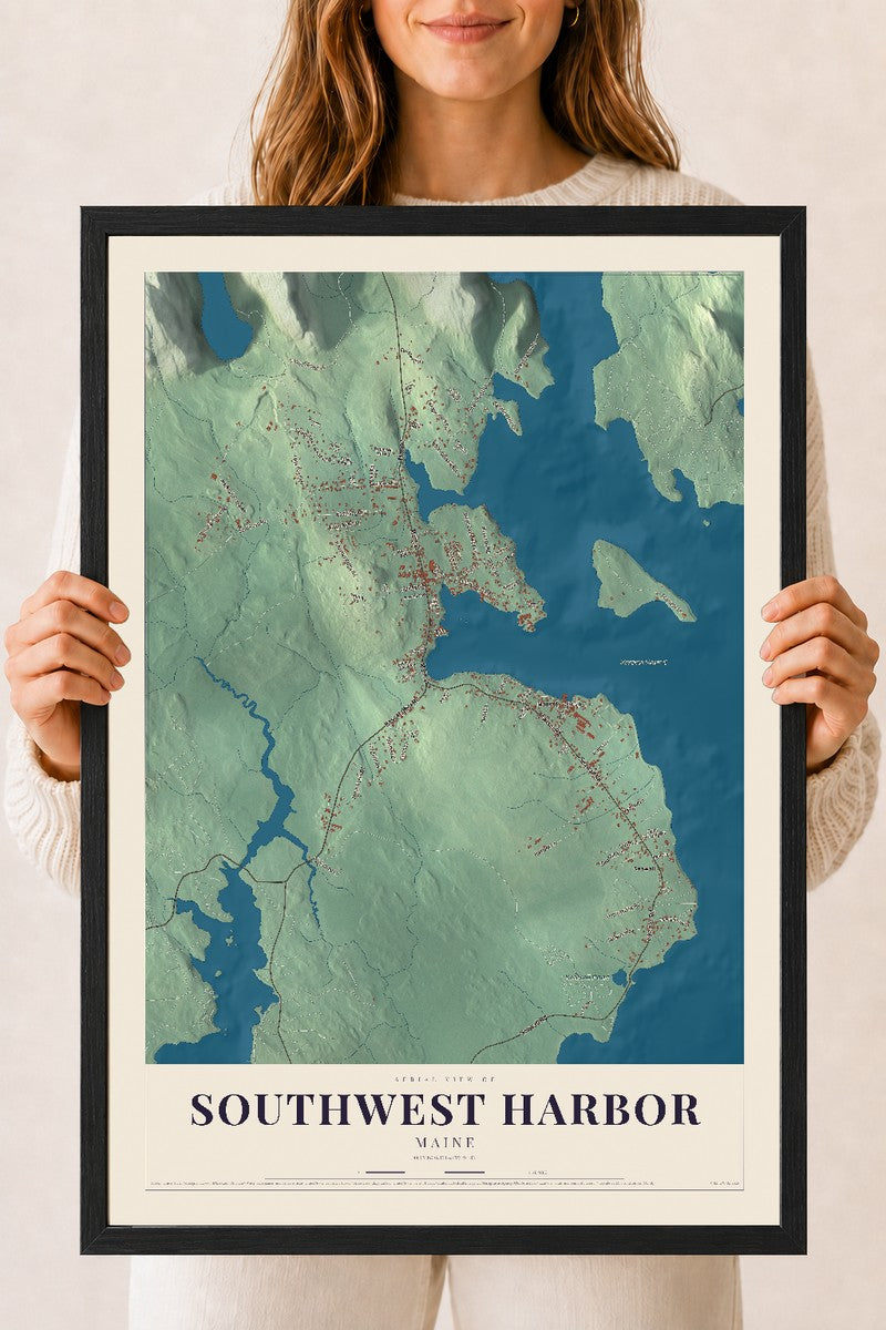 Southwest Harbor, Maine map print - 18 x 24 black Ayous wood frame