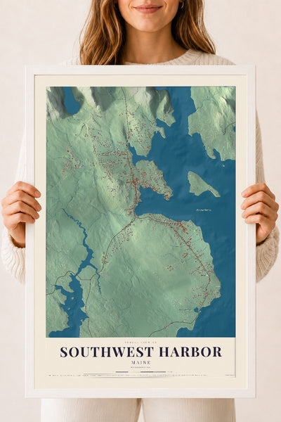 Southwest Harbor, Maine map print - 18 x 24 white Ayous wood frame