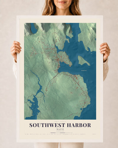 Southwest Harbor, Maine map print - 24 x 36 white Ayous wood frame