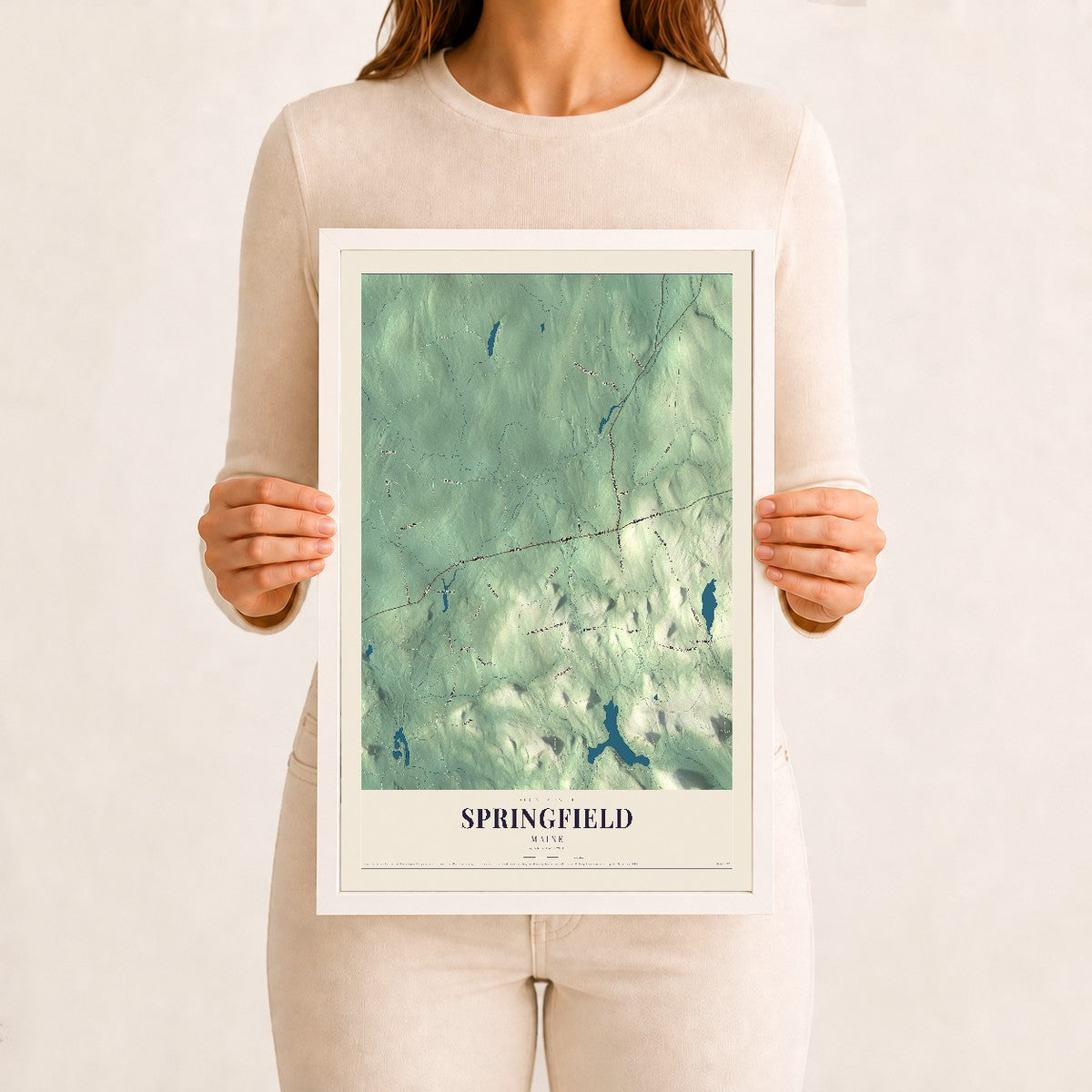 Springfield, Maine map print - 12 x 18 white Ayous wood frame