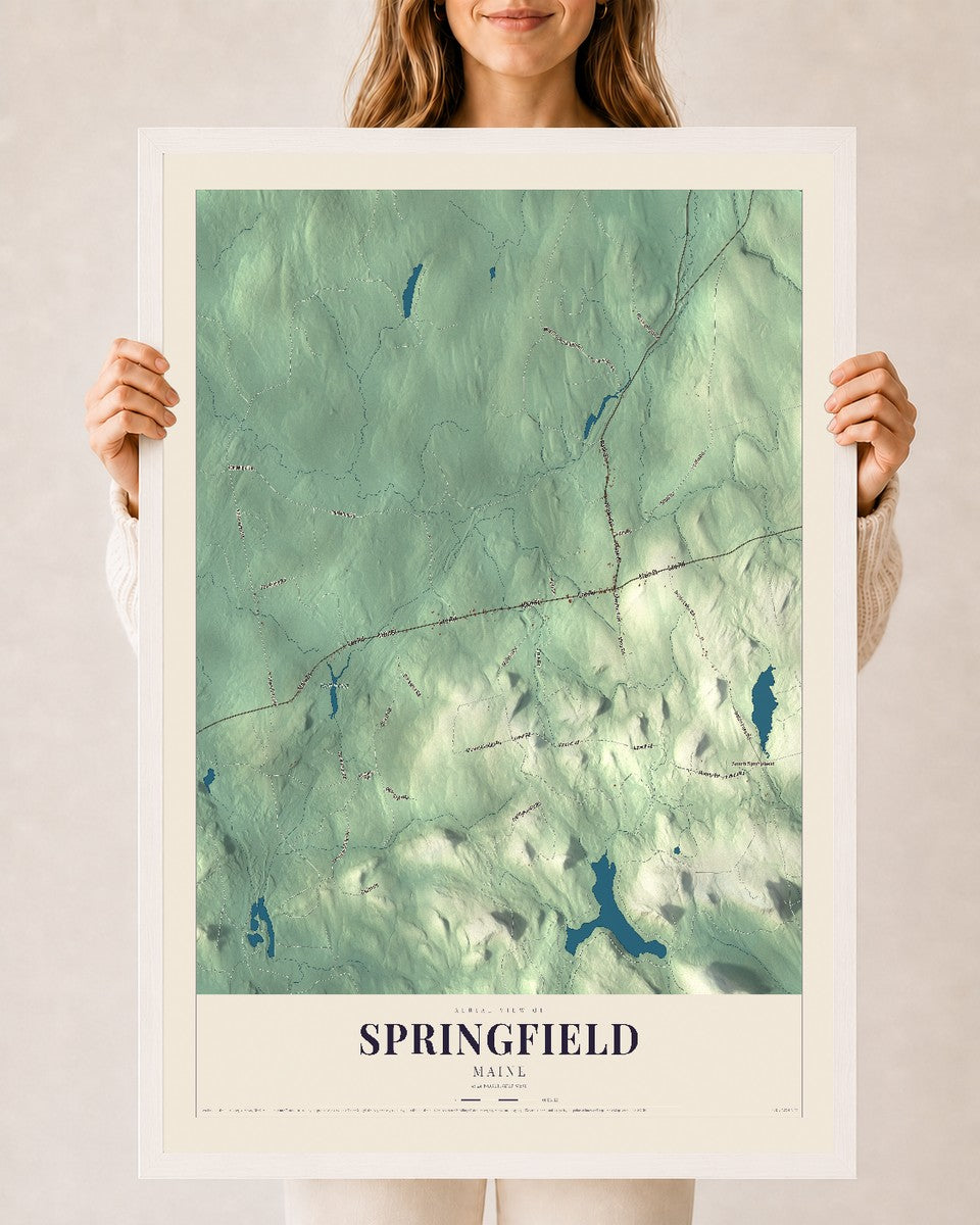 Springfield, Maine map print - 24 x 36 white Ayous wood frame