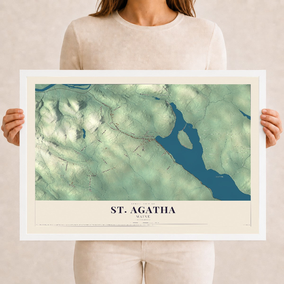 St. Agatha, Maine map print - 12 x 18 white Ayous wood frame