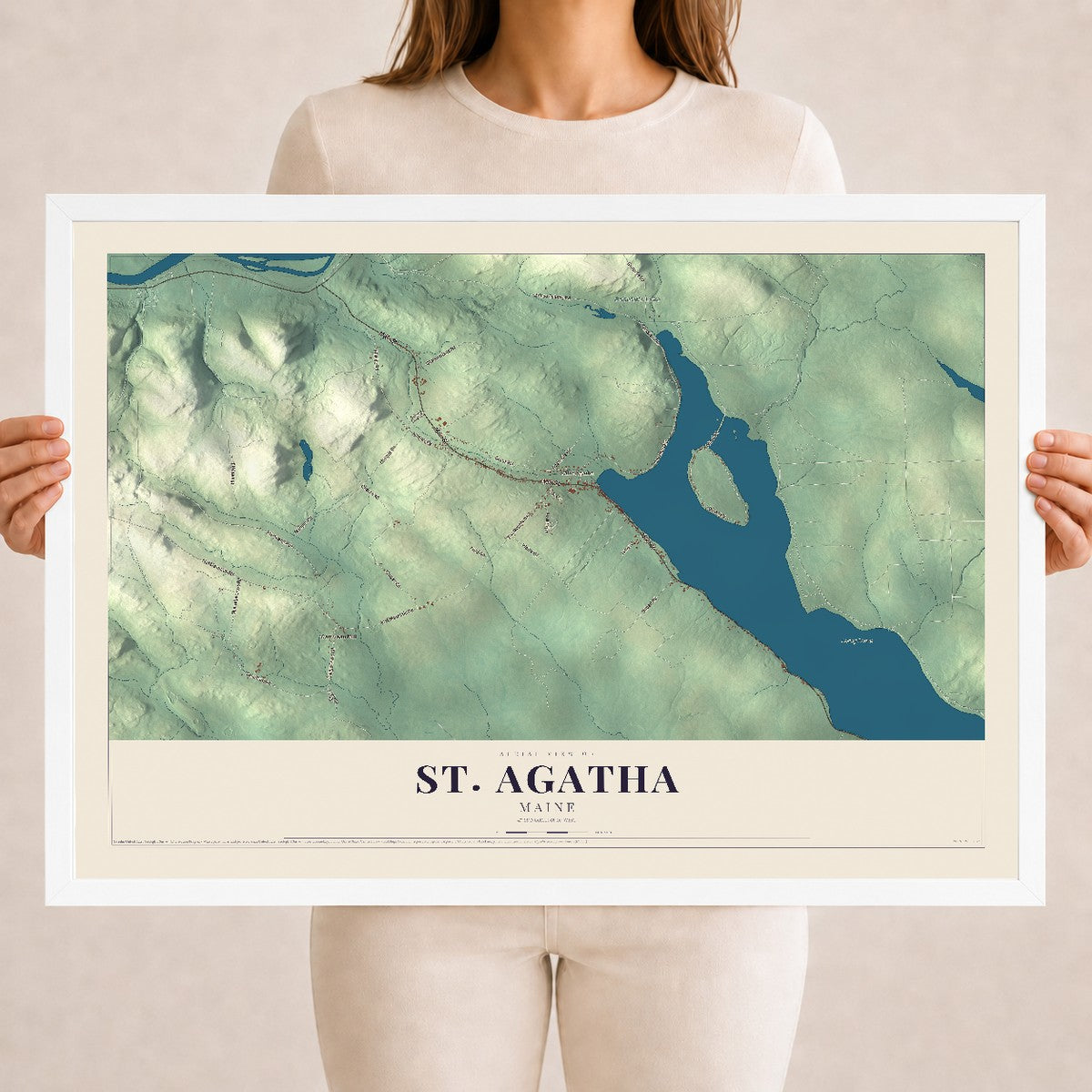 St. Agatha, Maine map print - 18 x 24 white Ayous wood frame