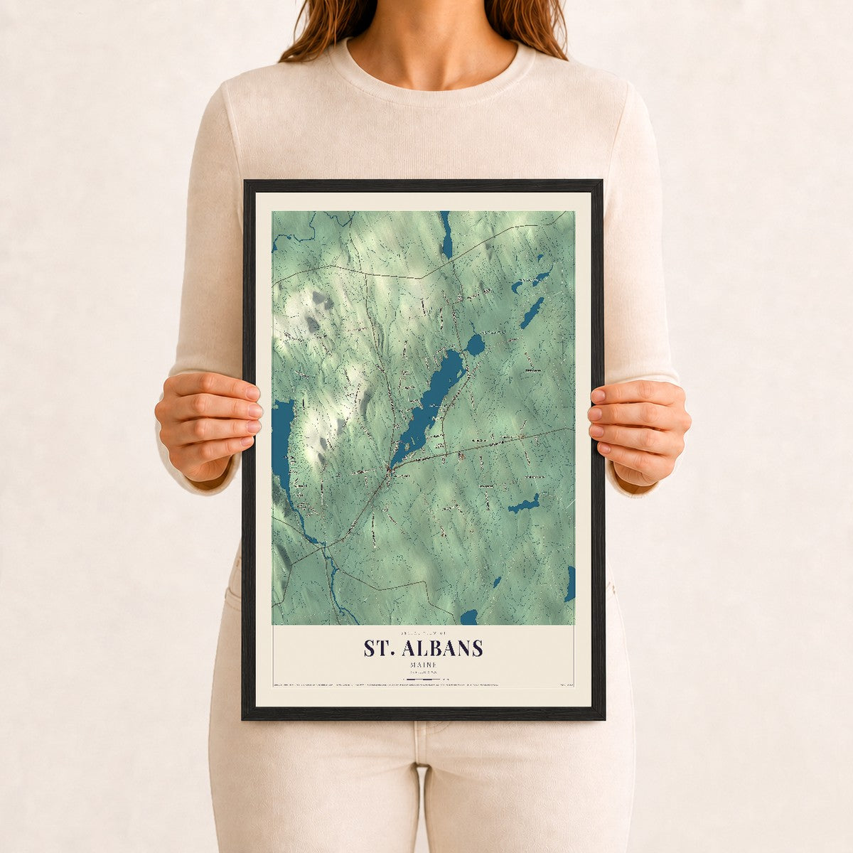 St. Albans, Maine map print - 12 x 18 black Ayous wood frame