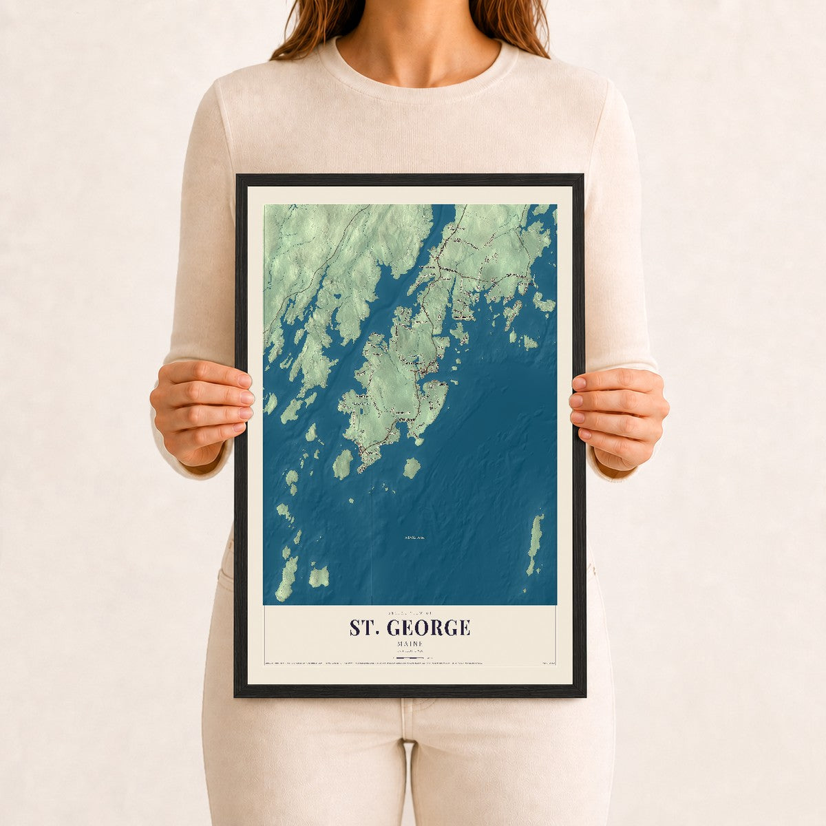 St. George, Maine map print - 12 x 18 black Ayous wood frame