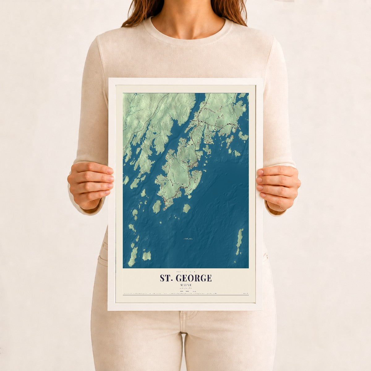 St. George, Maine map print - 12 x 18 white Ayous wood frame