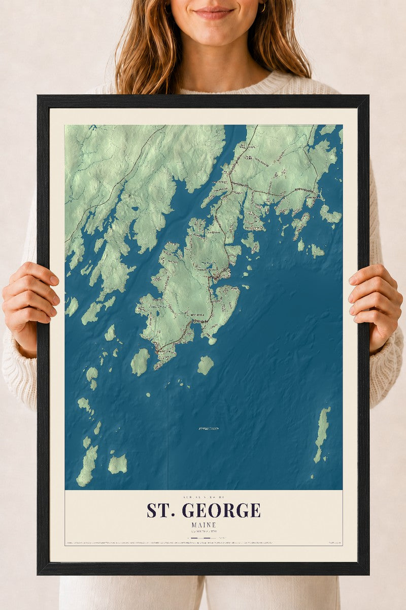 St. George, Maine map print - 18 x 24 black Ayous wood frame