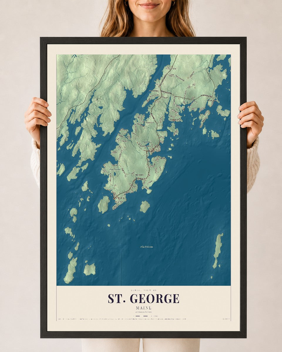 St. George, Maine map print - 24 x 36 black Ayous wood frame