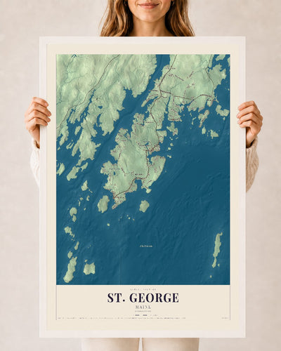 St. George, Maine map print - 24 x 36 white Ayous wood frame