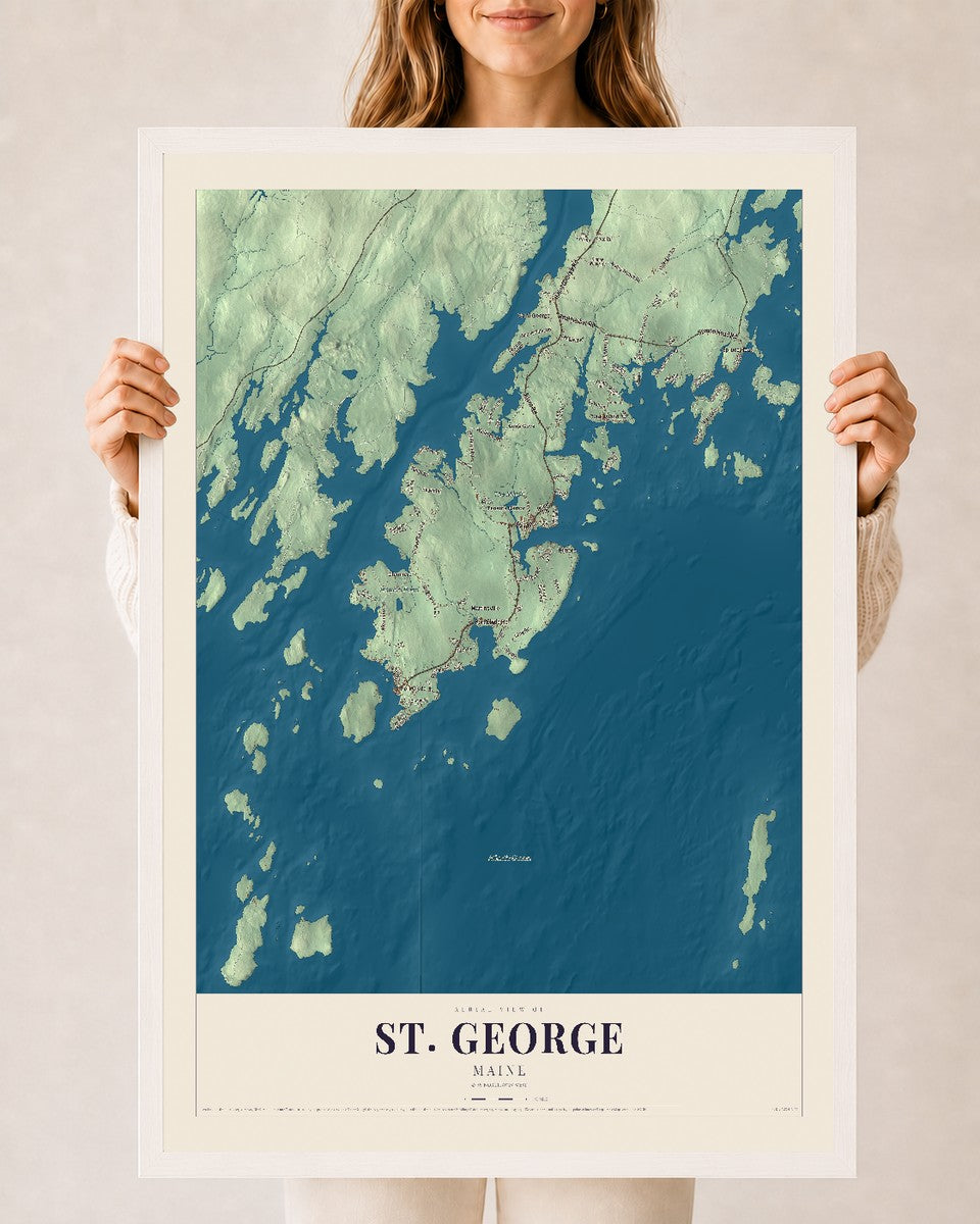 St. George, Maine map print - 24 x 36 white Ayous wood frame