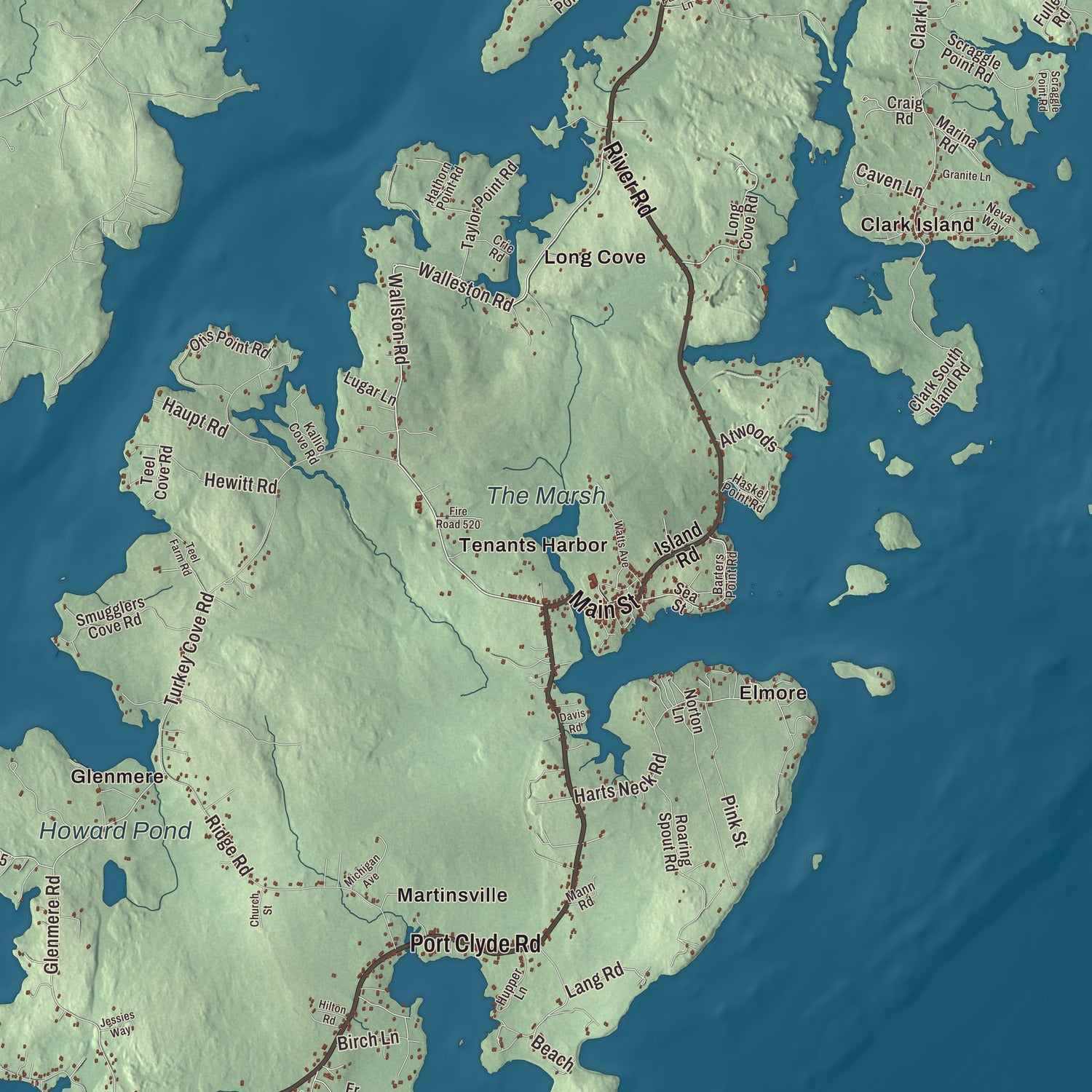 Terrain and local geography detail from the St. George, Maine map