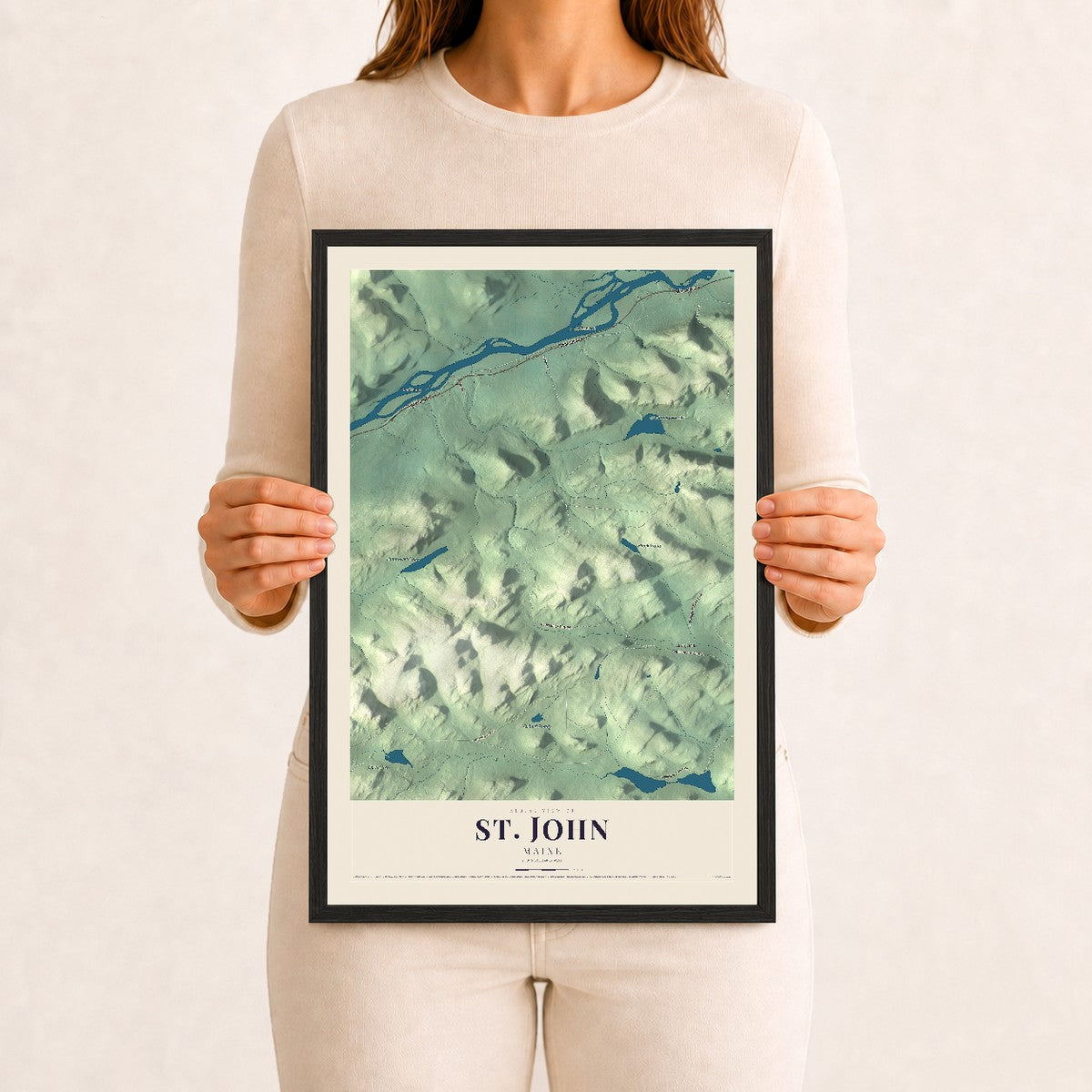 St. John, Maine map print - 12 x 18 black Ayous wood frame